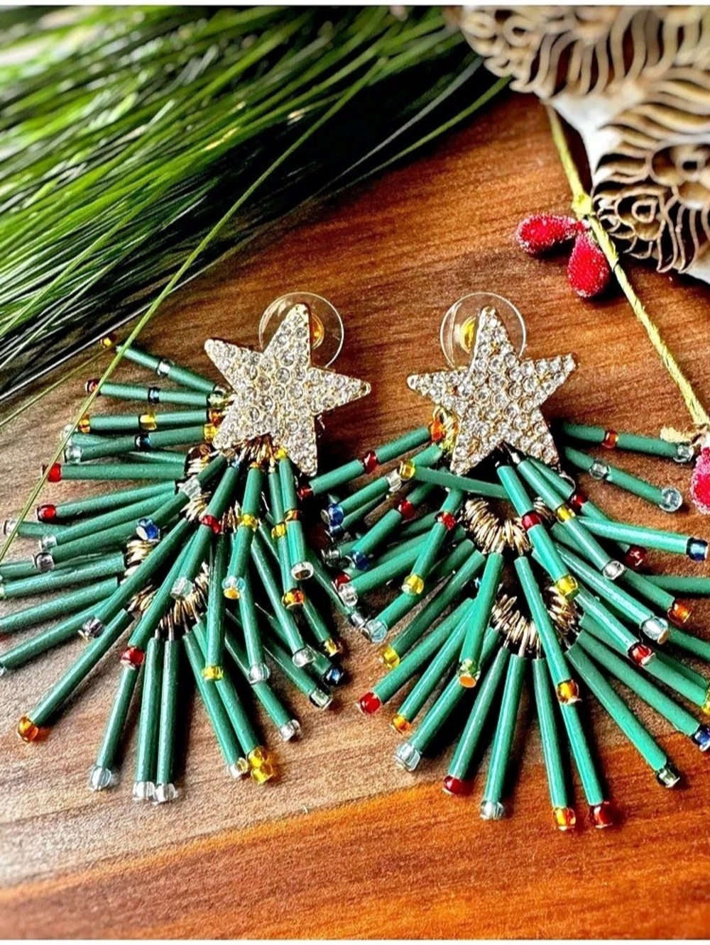 Green & Gold Star Statement Earrings Like New